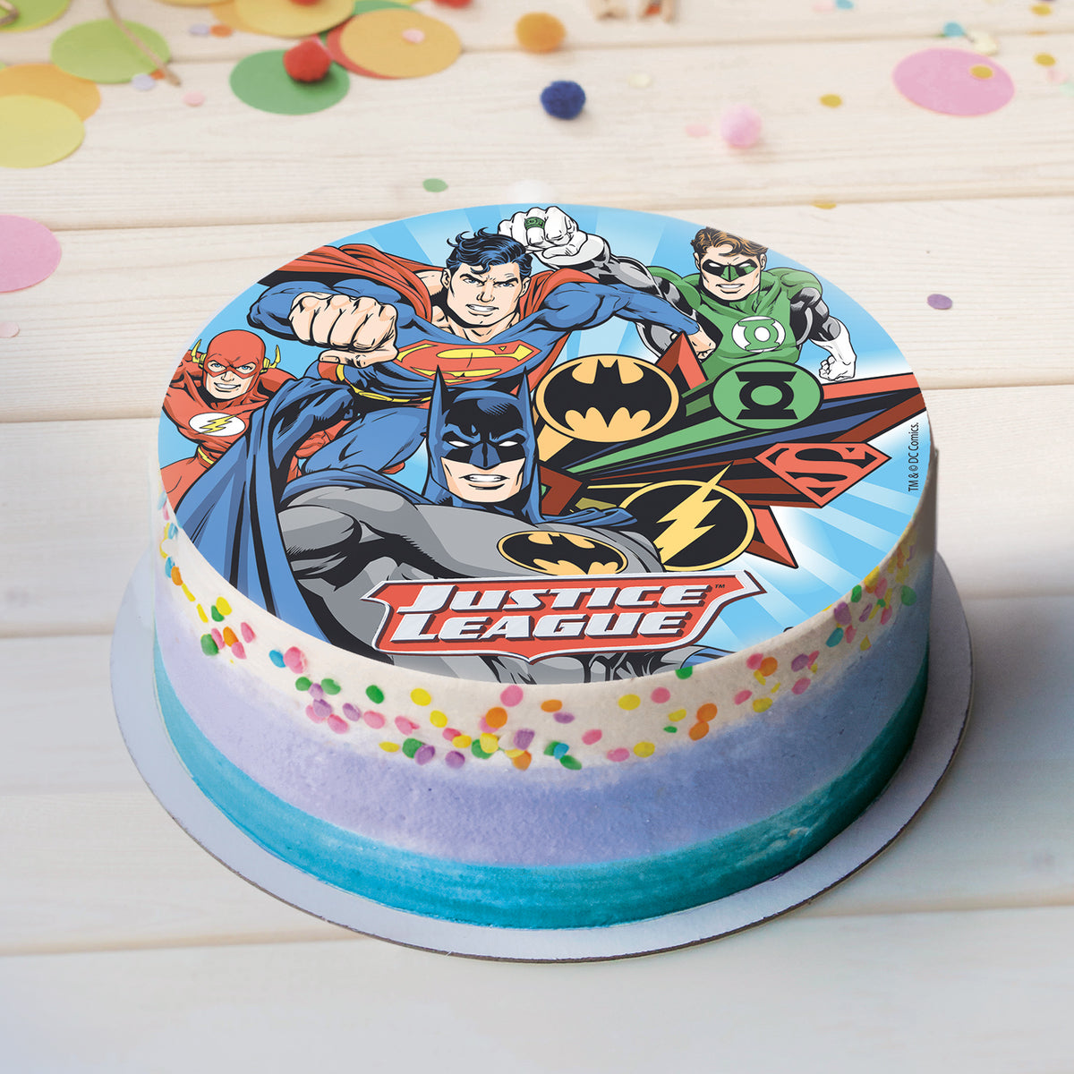 6 JUSTICE LEAGUE WAFER CAKE DECORATING DISCS 20 CM