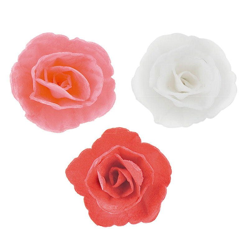 CAJA DE 36 ROSAS DE OBLEA 3 COLORES SURTIDOS Ø 4.5CM