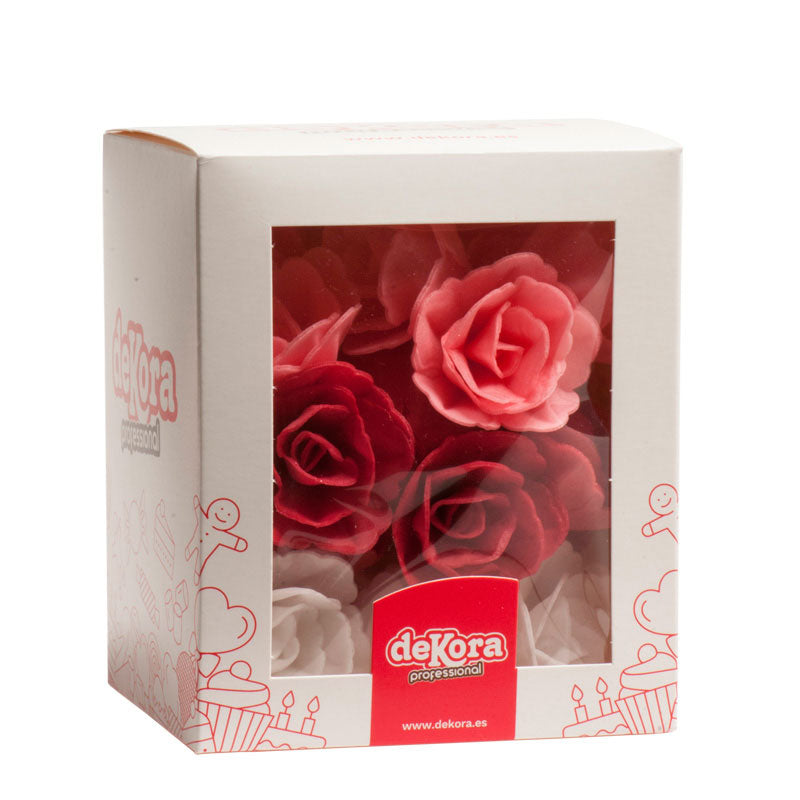 CAJA DE 36 ROSAS DE OBLEA 3 COLORES SURTIDOS Ø 4.5CM