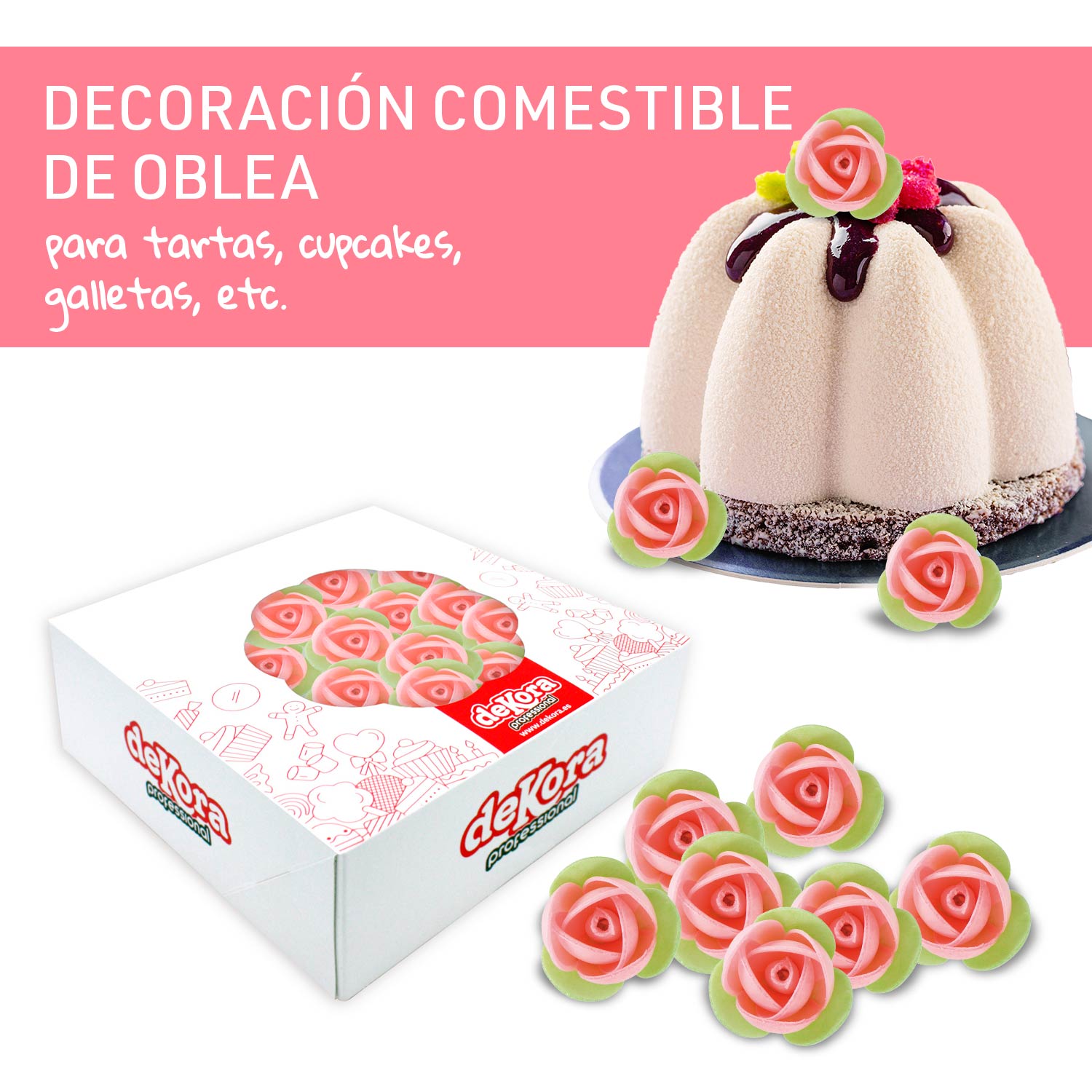 140 ROSAS OBLEA CON HOJA VERDE 3,5CM