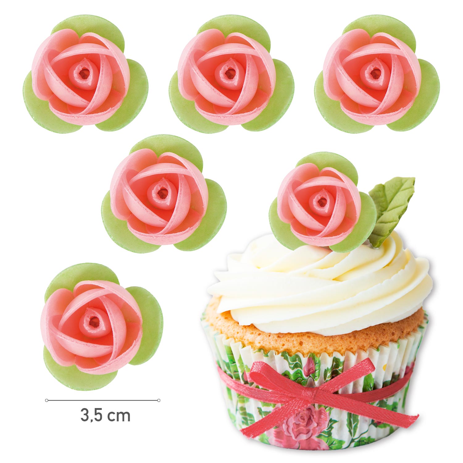 140 ROSAS OBLEA CON HOJA VERDE 3,5CM