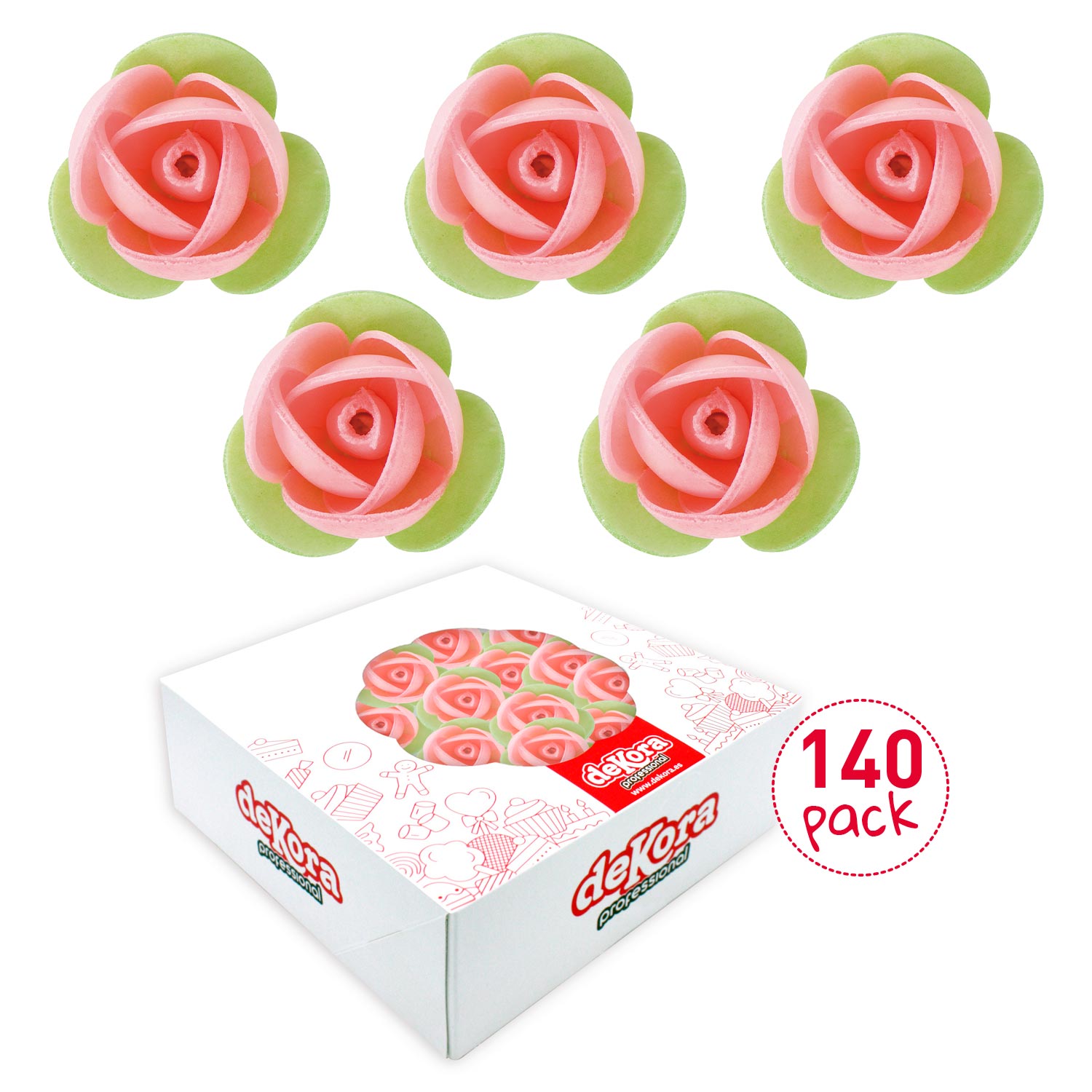 140 ROSAS OBLEA CON HOJA VERDE 3,5CM