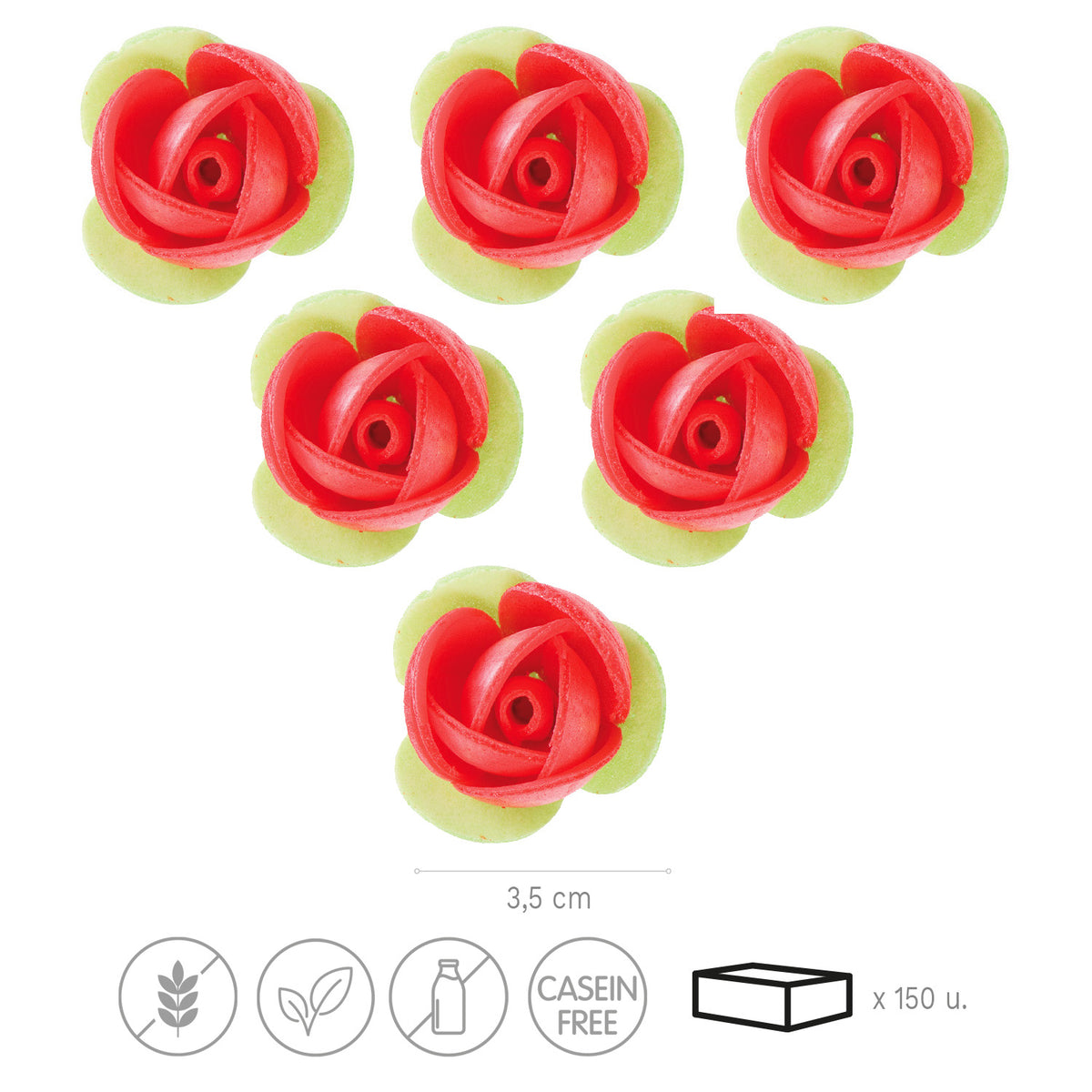 140 ROSAS OBLEA ROJA CON HOJA VERDE 3,5CM