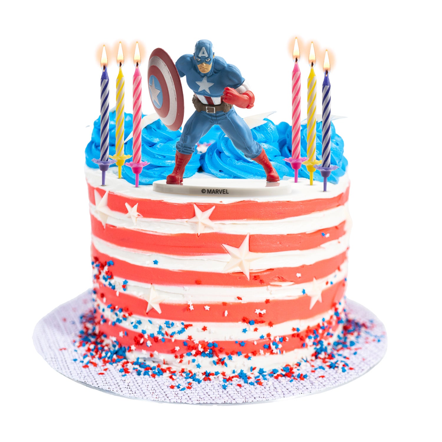 KIT PVC RETAIL CAP AMERICA CON 10 VELAS PARA DECORAR TARTAS