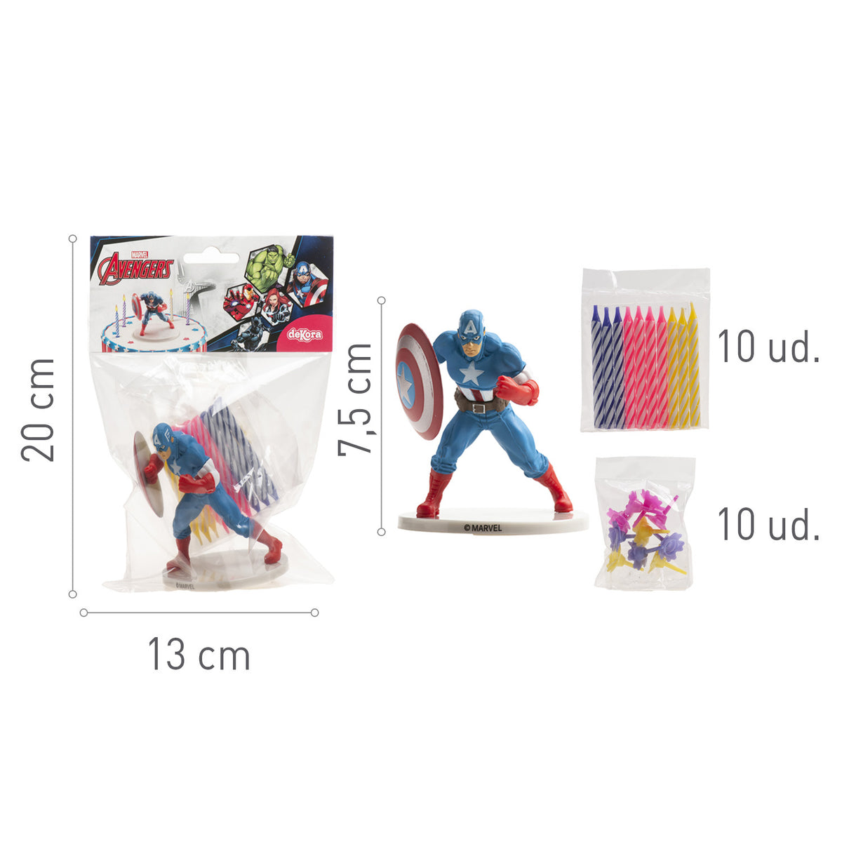 KIT PVC RETAIL CAP AMERICA CON 10 VELAS PARA DECORAR TARTAS