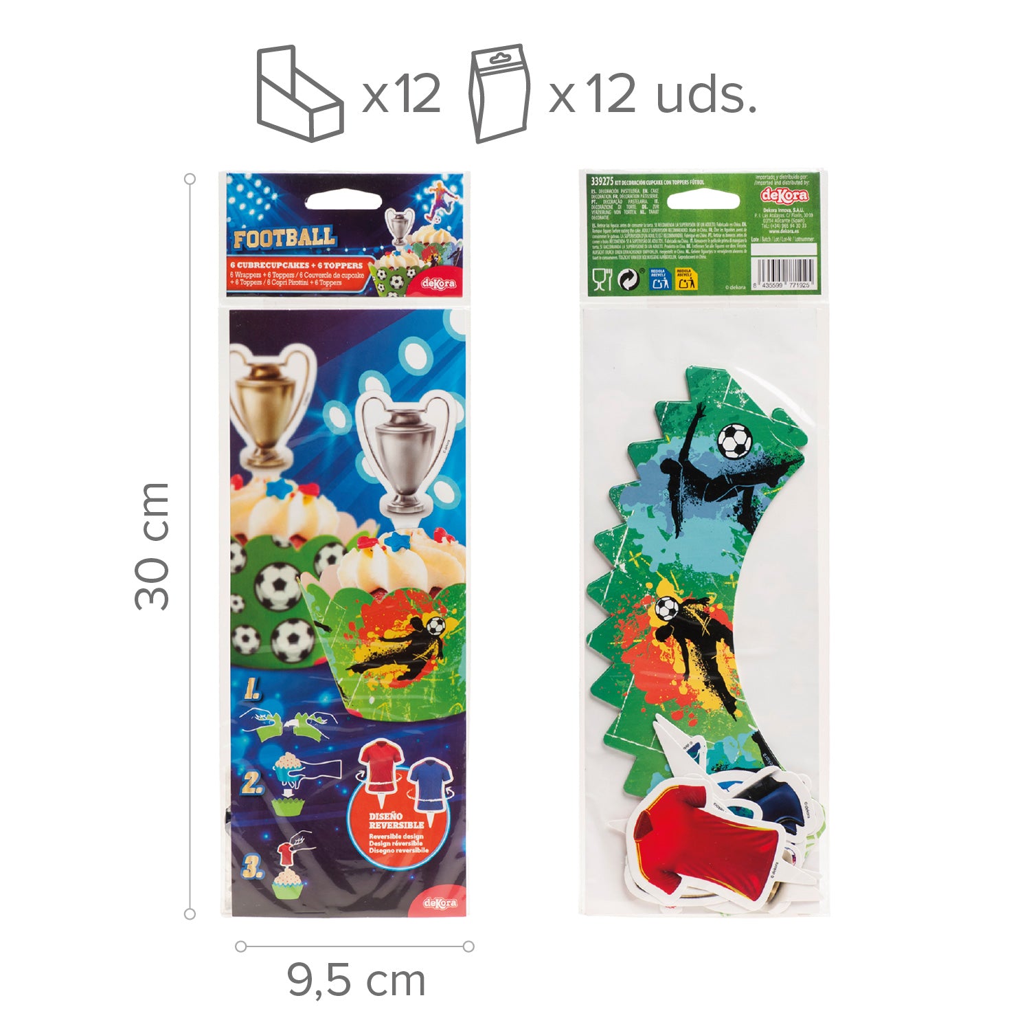 KIT DECORACION  ENVOLTURA CUPCAKE CON TOPPERS FUTBOL 12UD