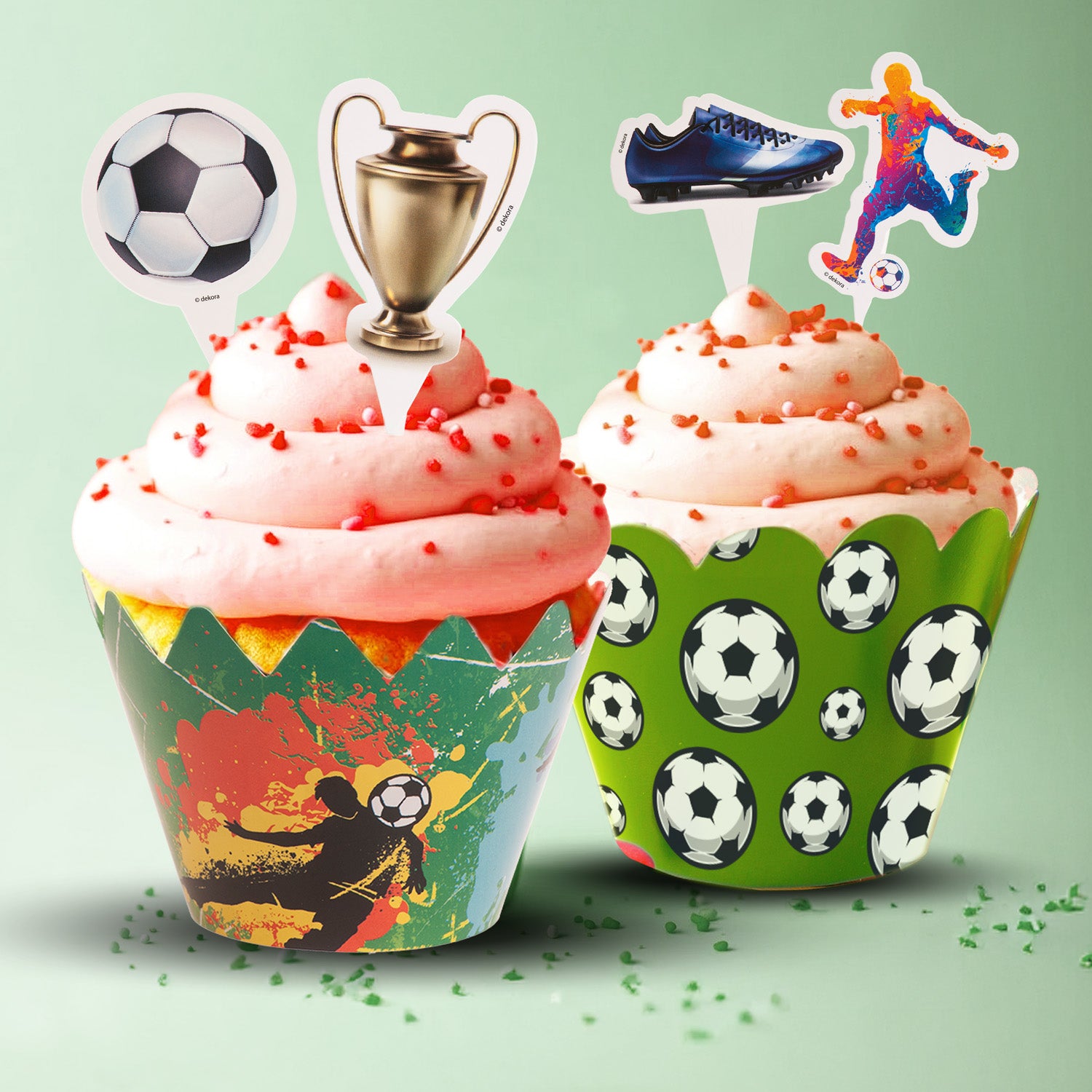 KIT DECORACION  ENVOLTURA CUPCAKE CON TOPPERS FUTBOL 12UD
