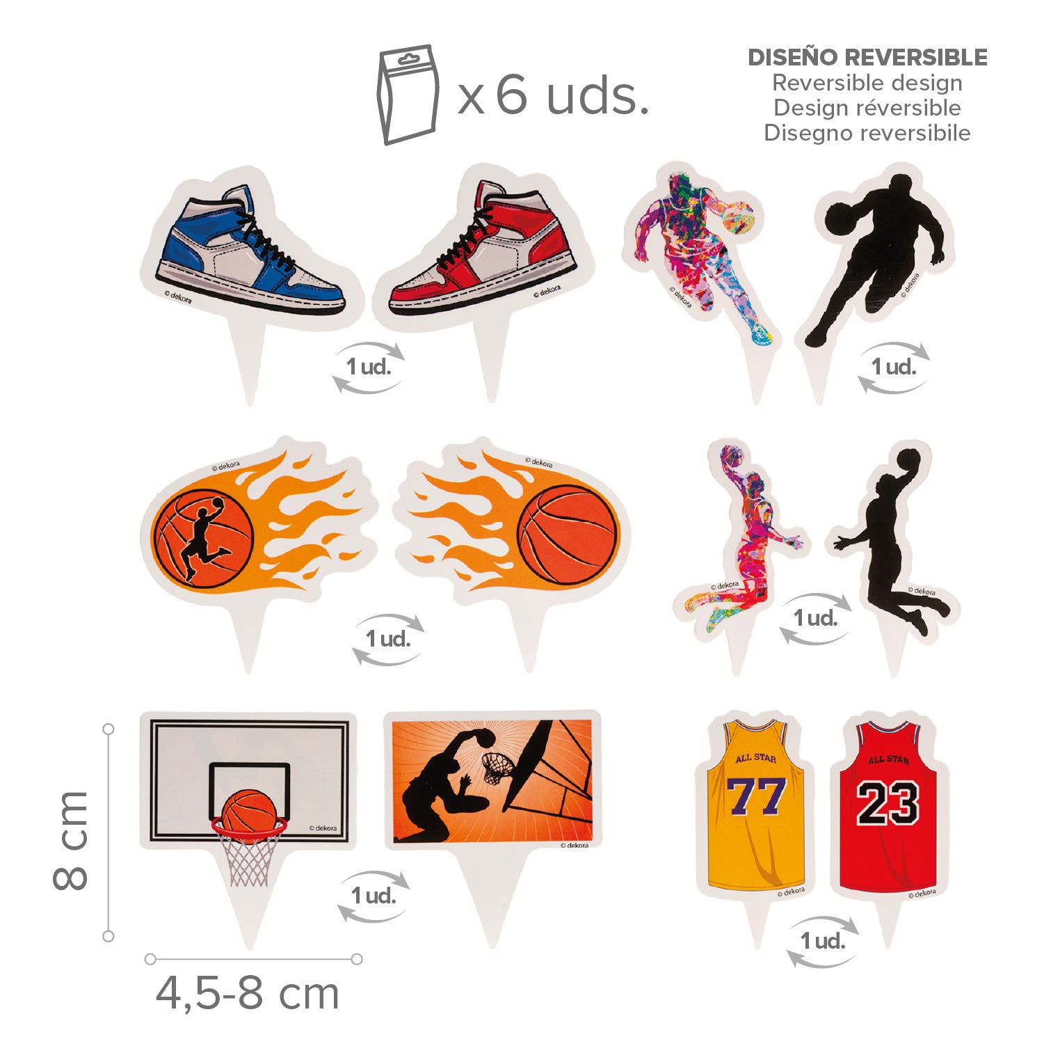 KIT DECORACION ENVOLTURA CUPCAKE CON TOPPERS BALONCESTO 12UD