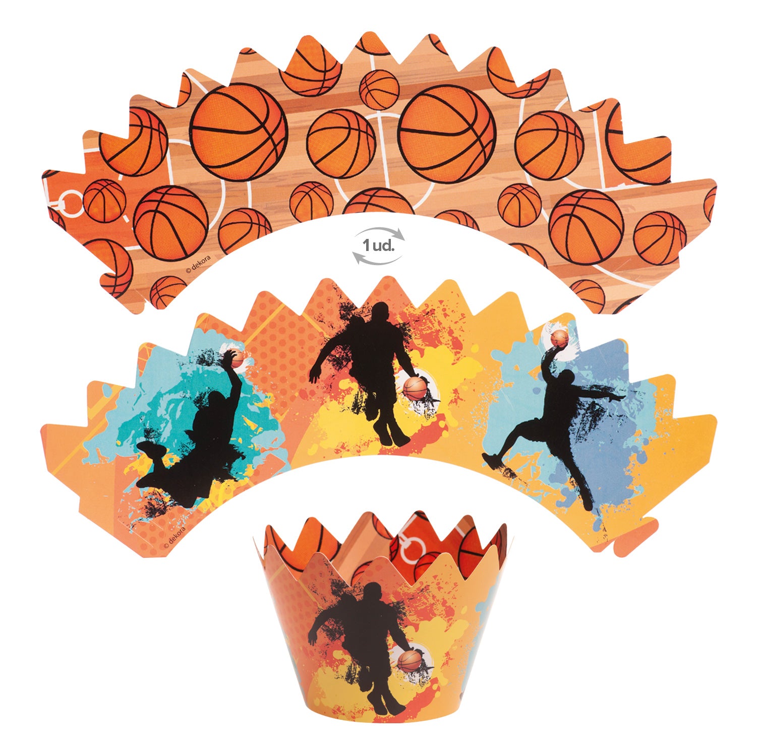KIT DECORACION ENVOLTURA CUPCAKE CON TOPPERS BALONCESTO 12UD
