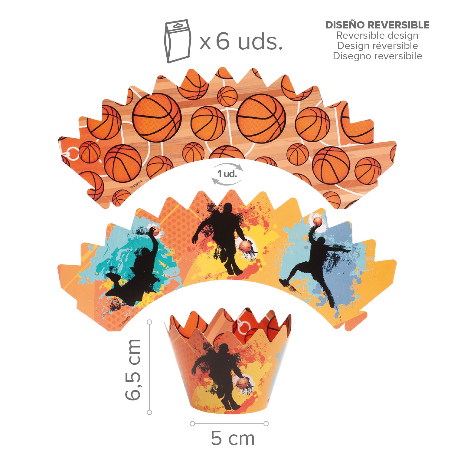 KIT DECORACION ENVOLTURA CUPCAKE CON TOPPERS BALONCESTO 12UD