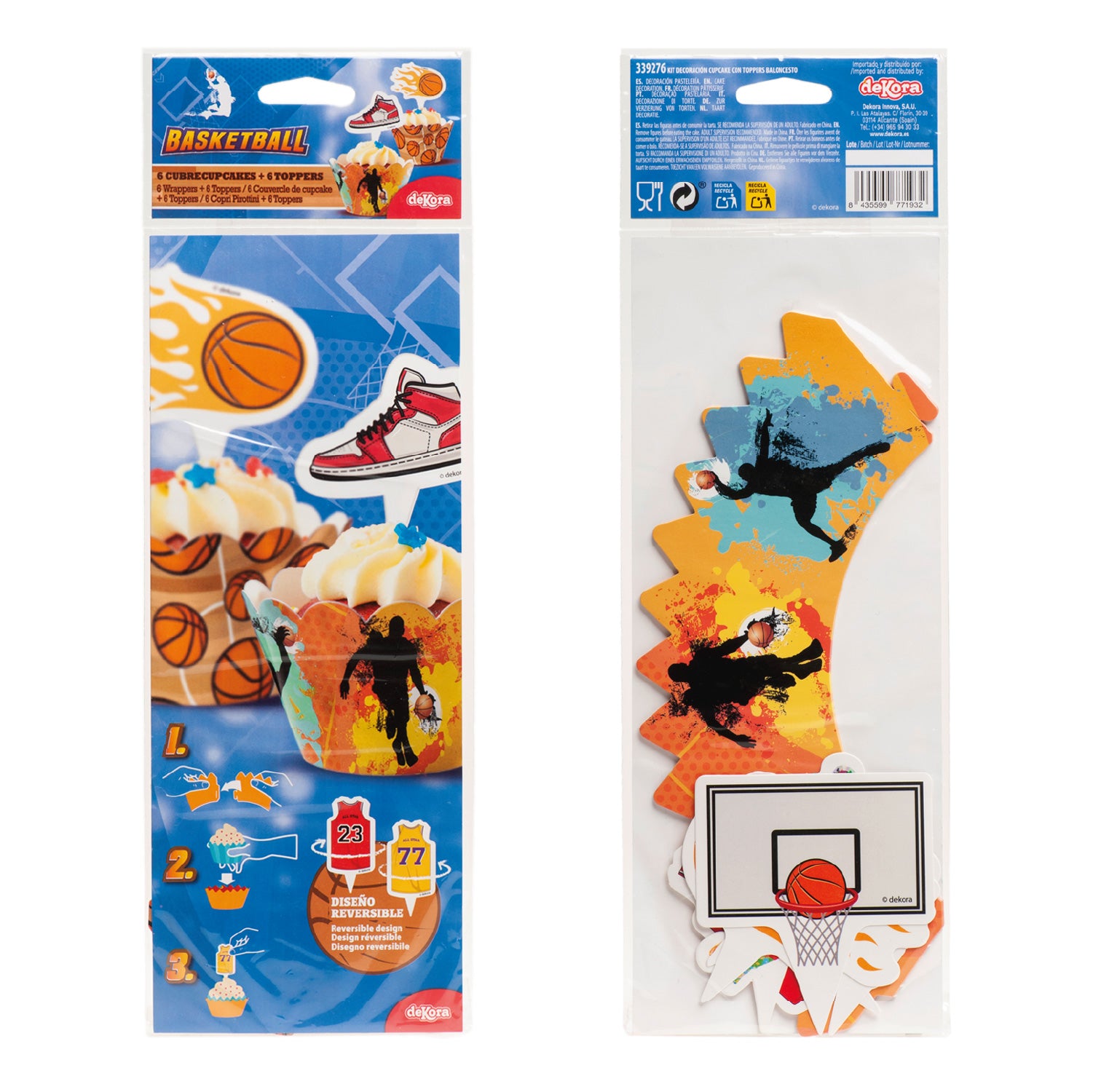 KIT DECORACION ENVOLTURA CUPCAKE CON TOPPERS BALONCESTO 12UD