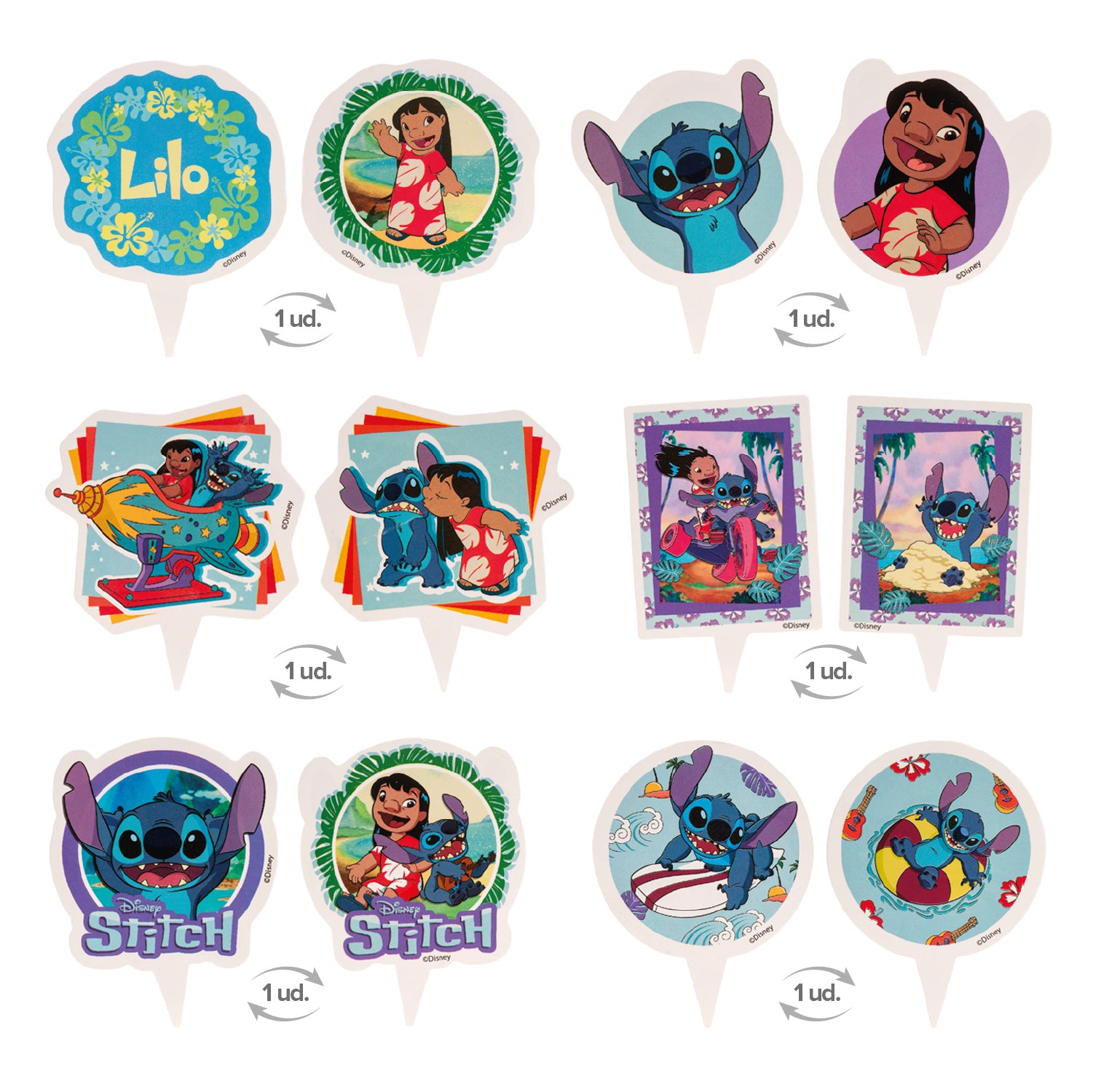 KIT DECORACION ENVOLTURA CUPCAKE CON TOPPERS STITCH 12UD