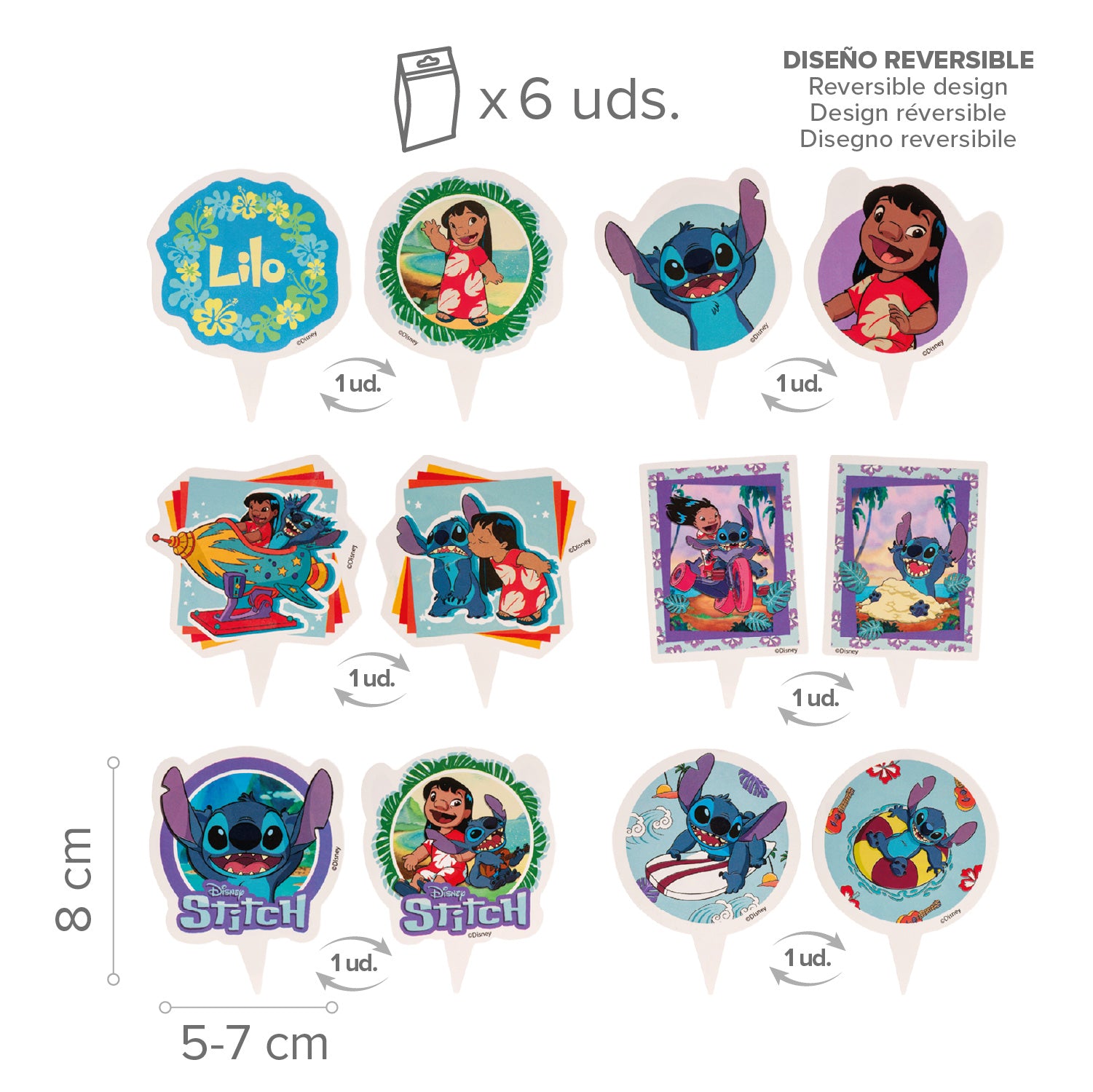 KIT DECORACION ENVOLTURA CUPCAKE CON TOPPERS STITCH 12UD