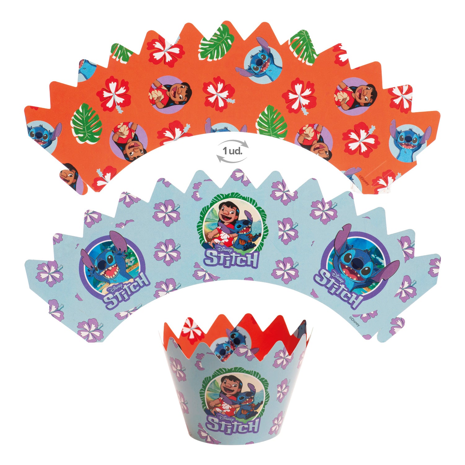 KIT DECORACION ENVOLTURA CUPCAKE CON TOPPERS STITCH 12UD