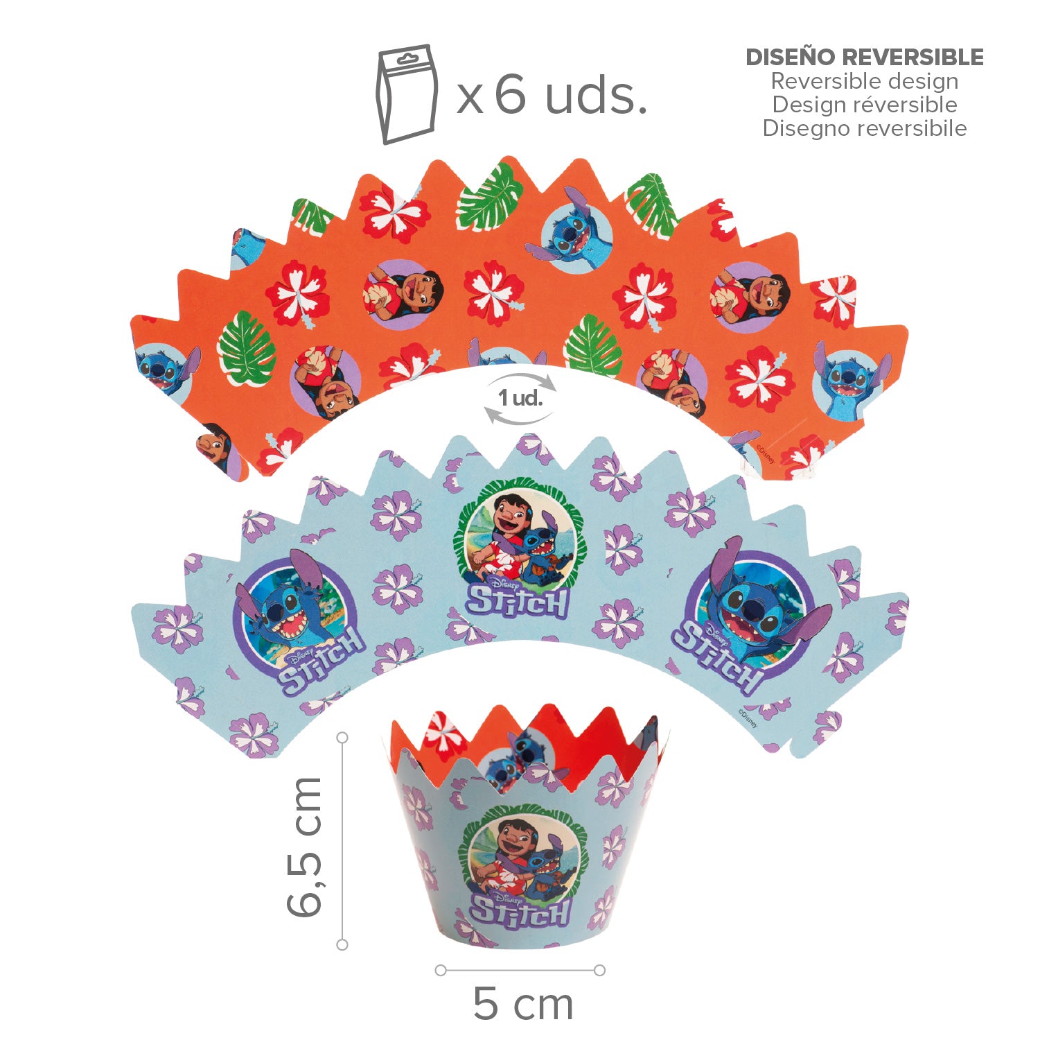 KIT DECORACION ENVOLTURA CUPCAKE CON TOPPERS STITCH 12UD