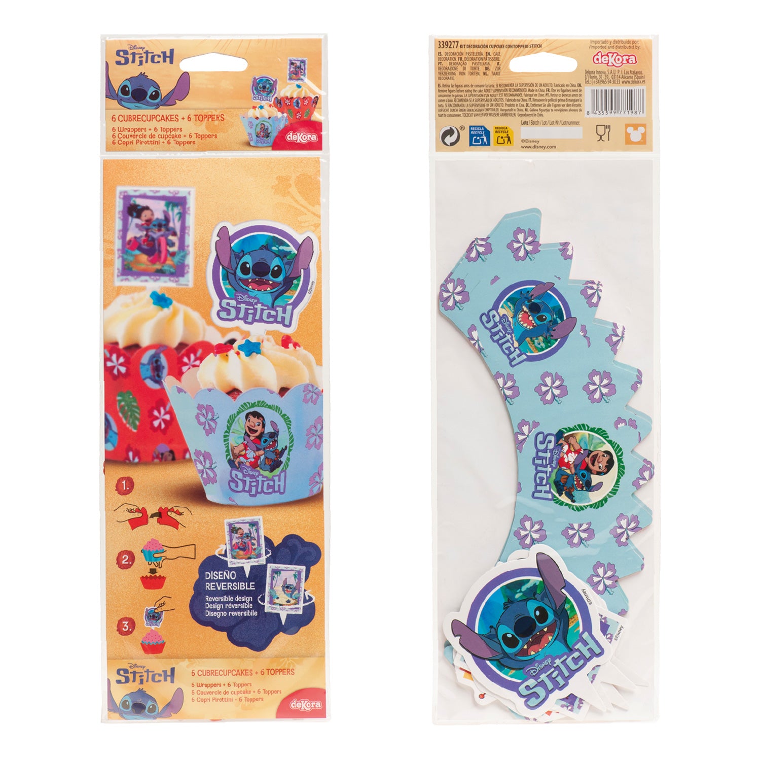 KIT DECORACION ENVOLTURA CUPCAKE CON TOPPERS STITCH 12UD