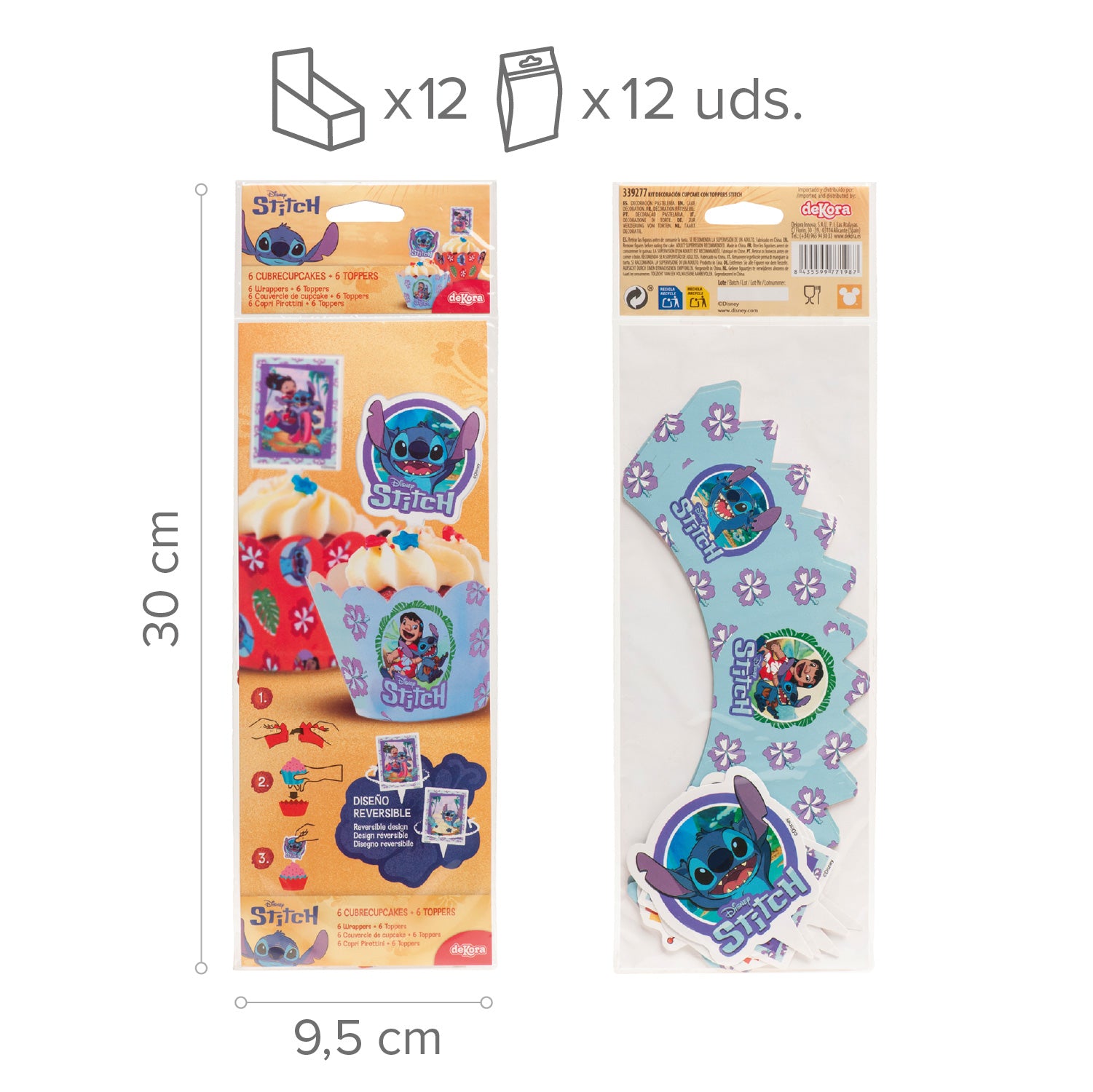 KIT DECORACION ENVOLTURA CUPCAKE CON TOPPERS STITCH 12UD
