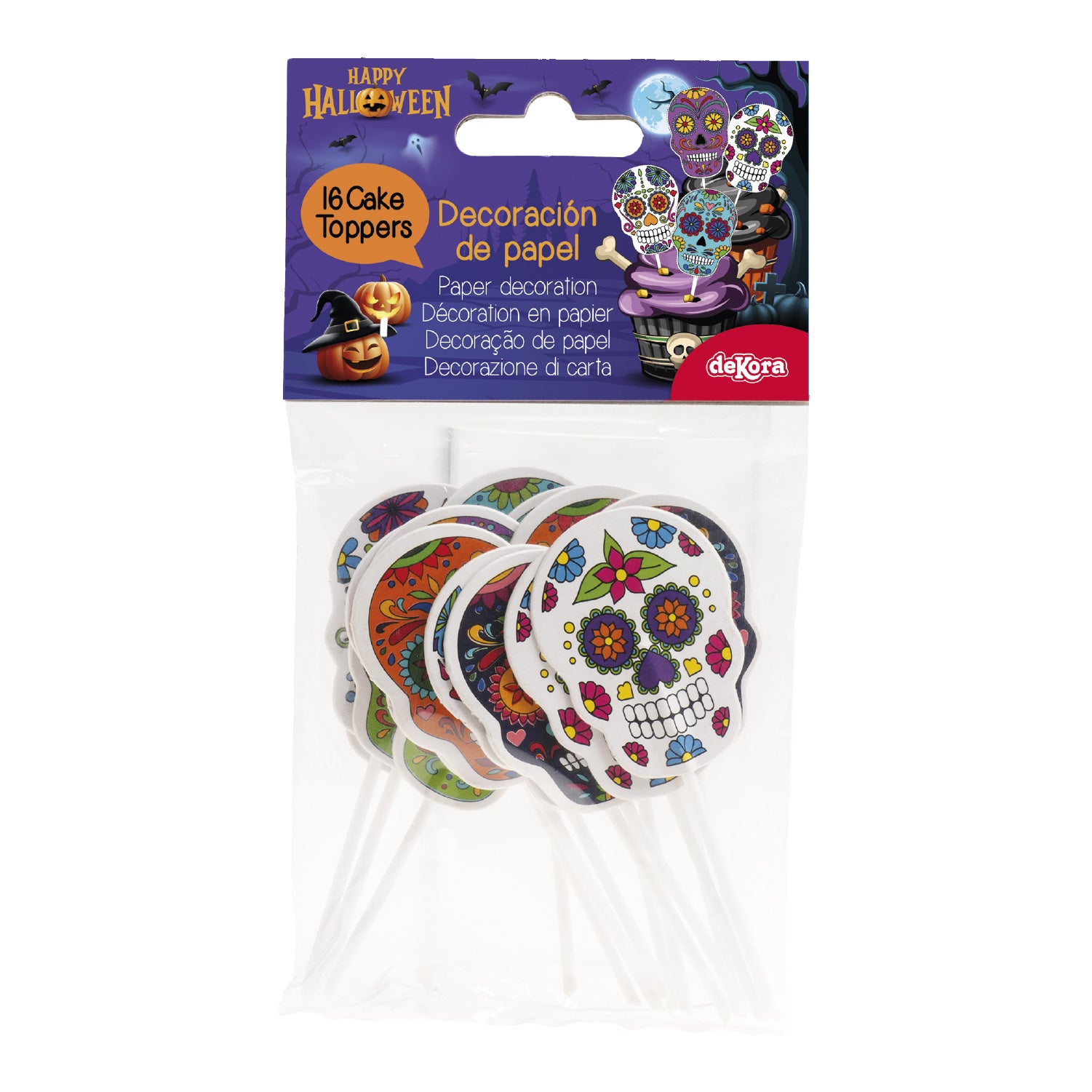 CAKE TOPPER PAPEL HALLOWEEN CALAVERAS 16 UNIDADES