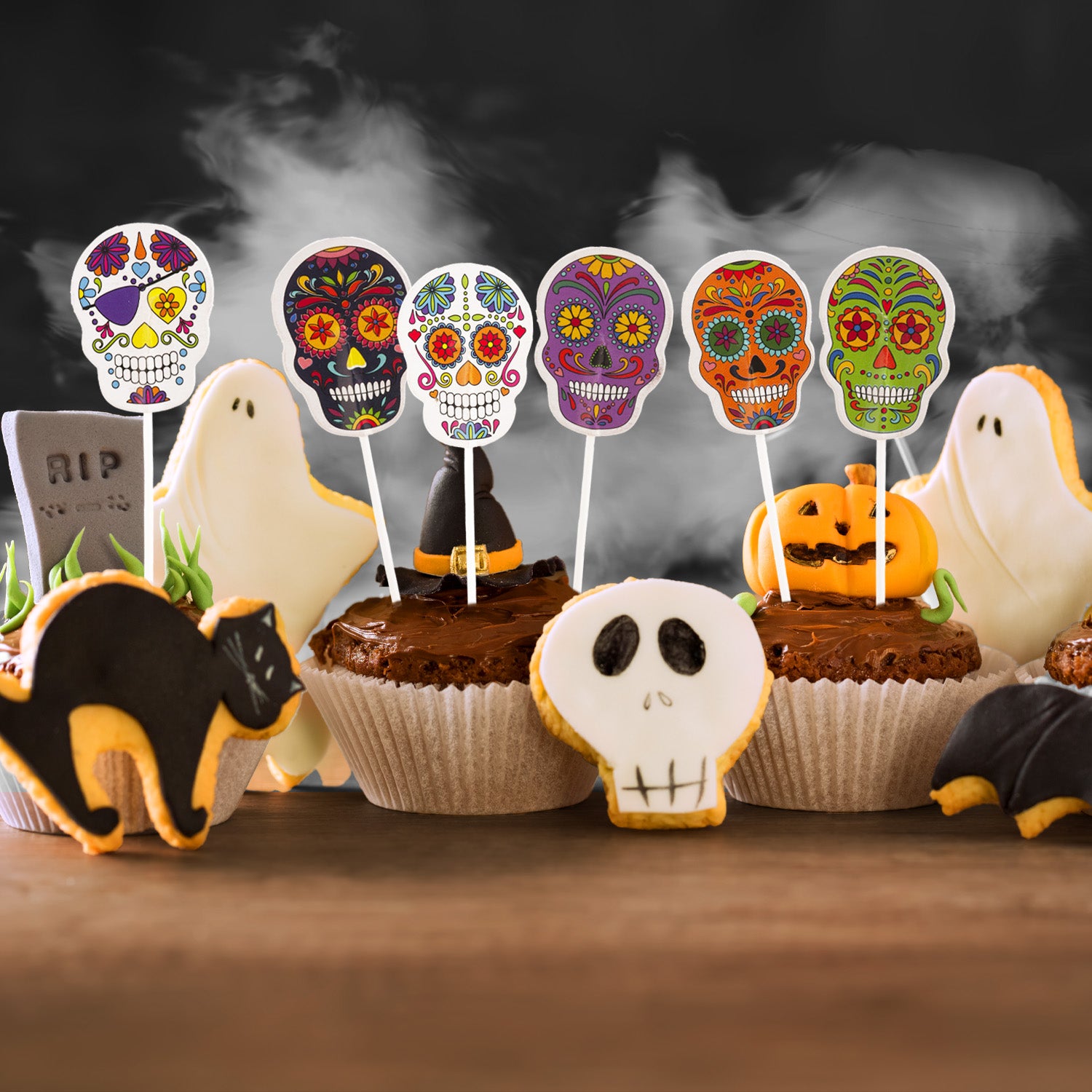 CAKE TOPPER PAPEL HALLOWEEN CALAVERAS 16 UNIDADES