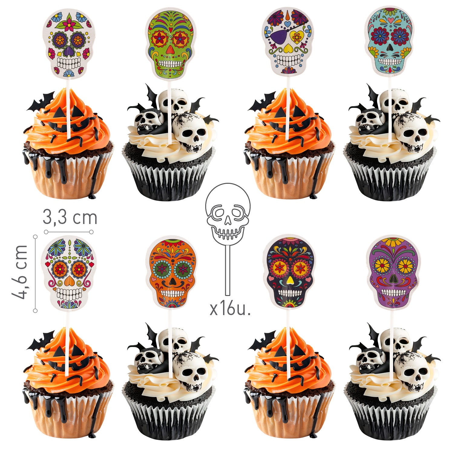 CAKE TOPPER PAPEL HALLOWEEN CALAVERAS 16 UNIDADES