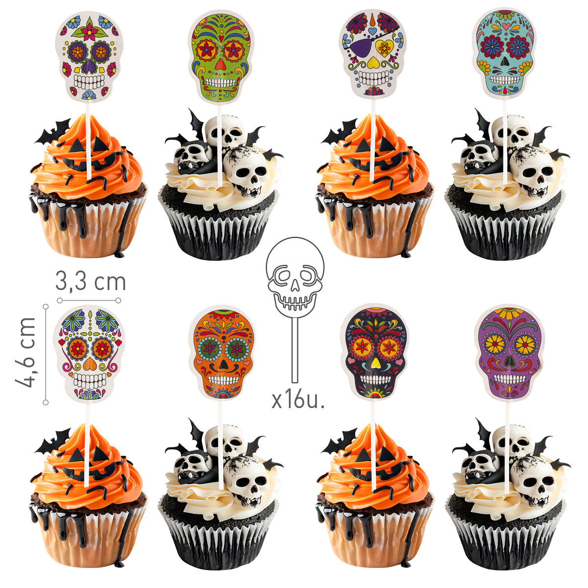 CAKE TOPPER PAPEL HALLOWEEN CALAVERAS 16 UNIDADES