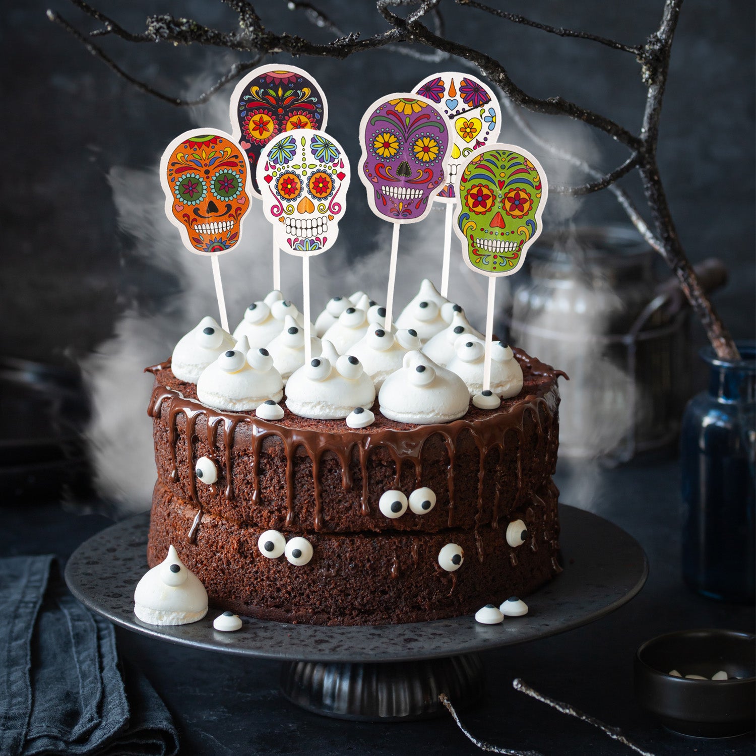 CAKE TOPPER PAPEL HALLOWEEN CALAVERAS 16 UNIDADES