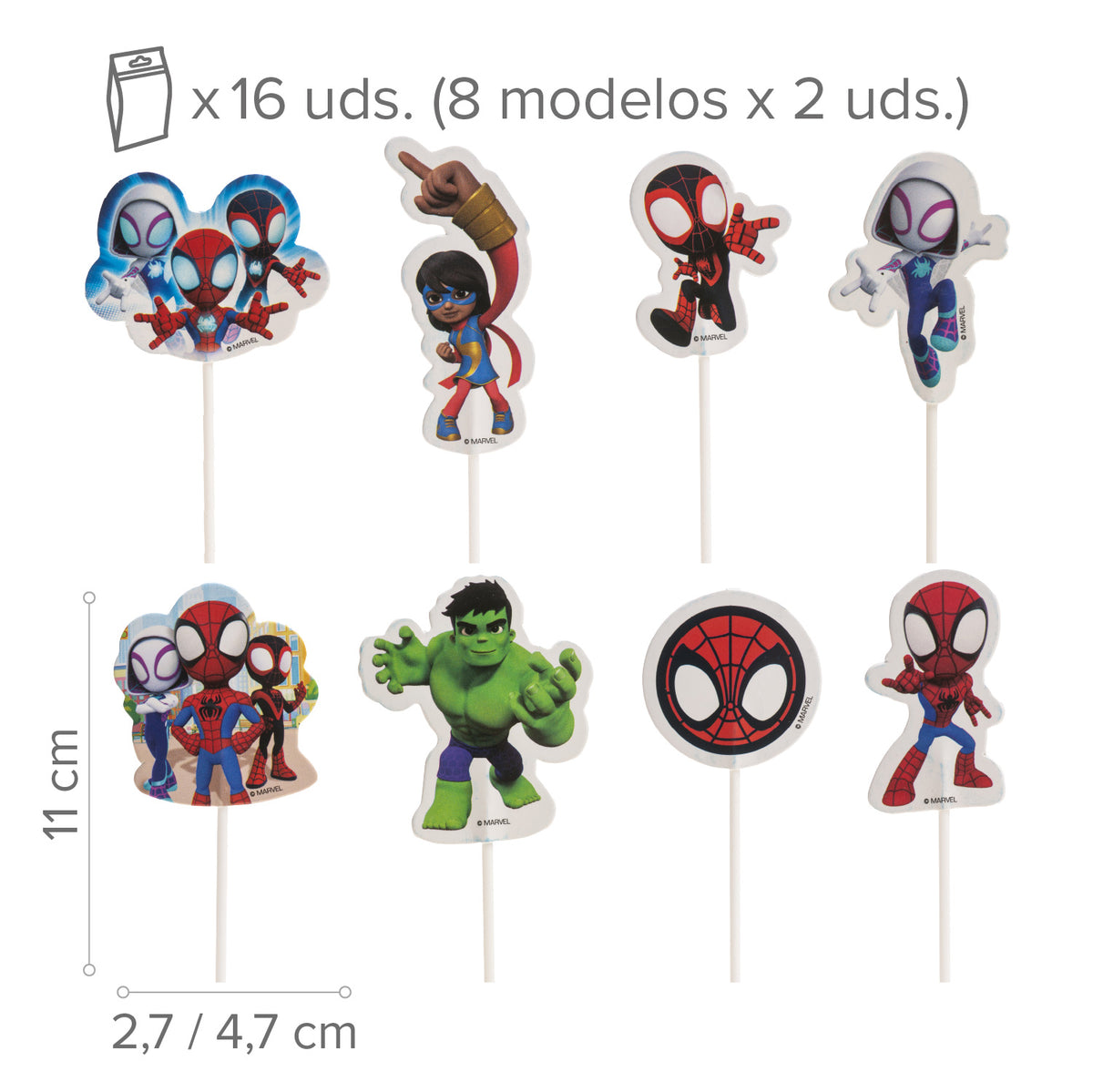 CAKE TOPPER 8 DISEÑOS SPIDEY 16 UNIDADES