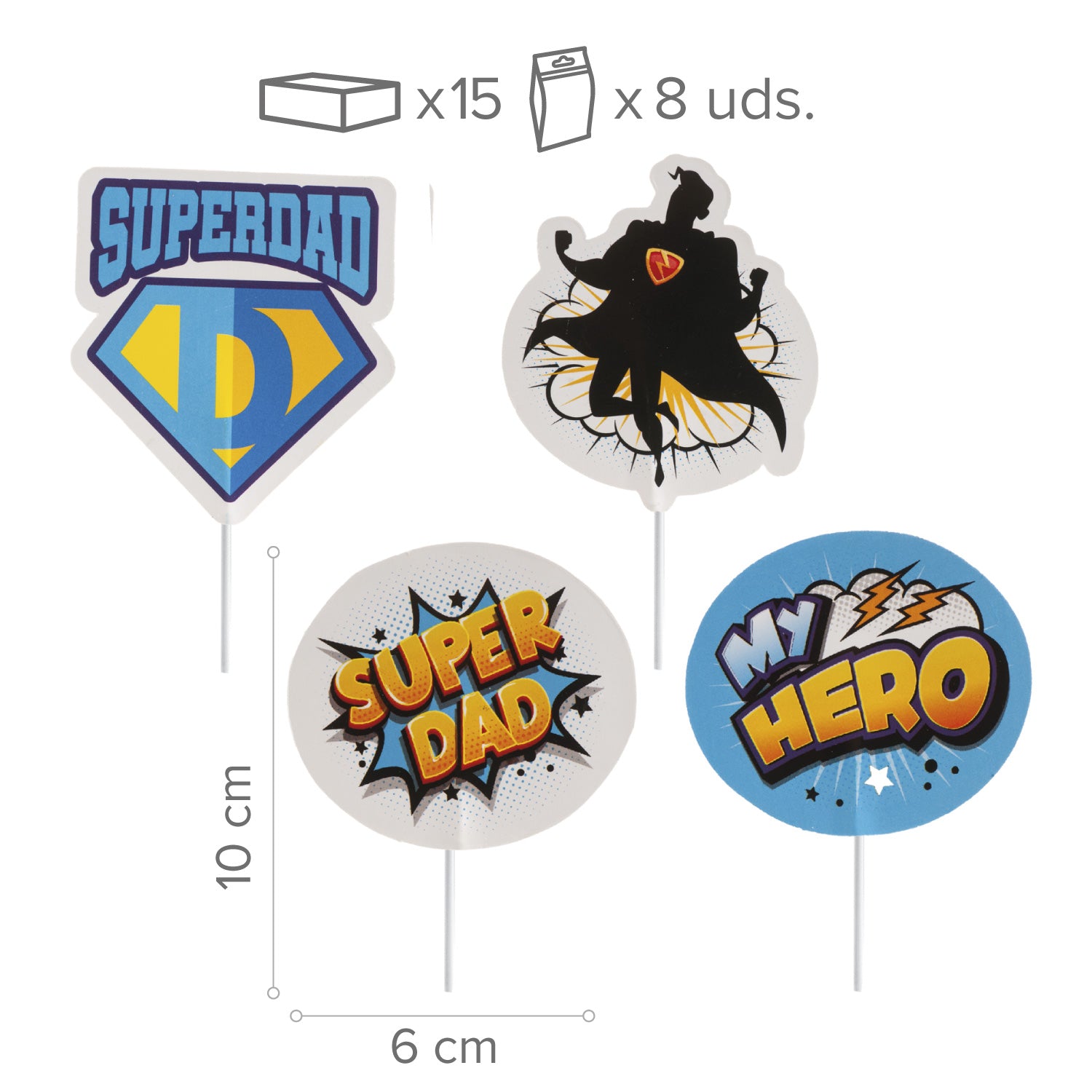 CAKE TOPPERS PAPEL SUPERDAD 4 MODELOS 8 UNIDADES