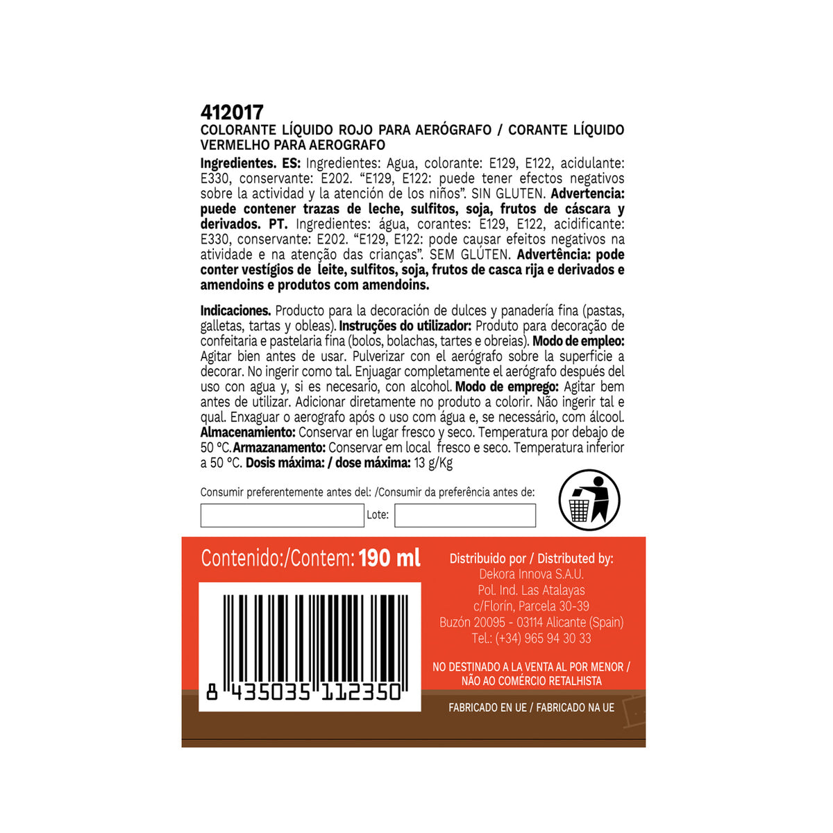 WATER-SOLUBLE LIQUID FOOD COLOURING RED 190ML