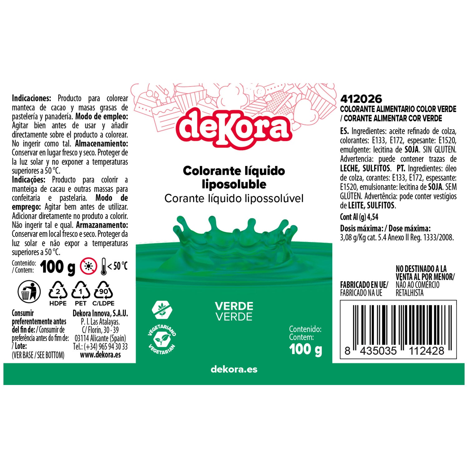 COLORANTE ALIMENTARIO LÍQUIDO LIPOSOLUBLE VERDE 100 GR
