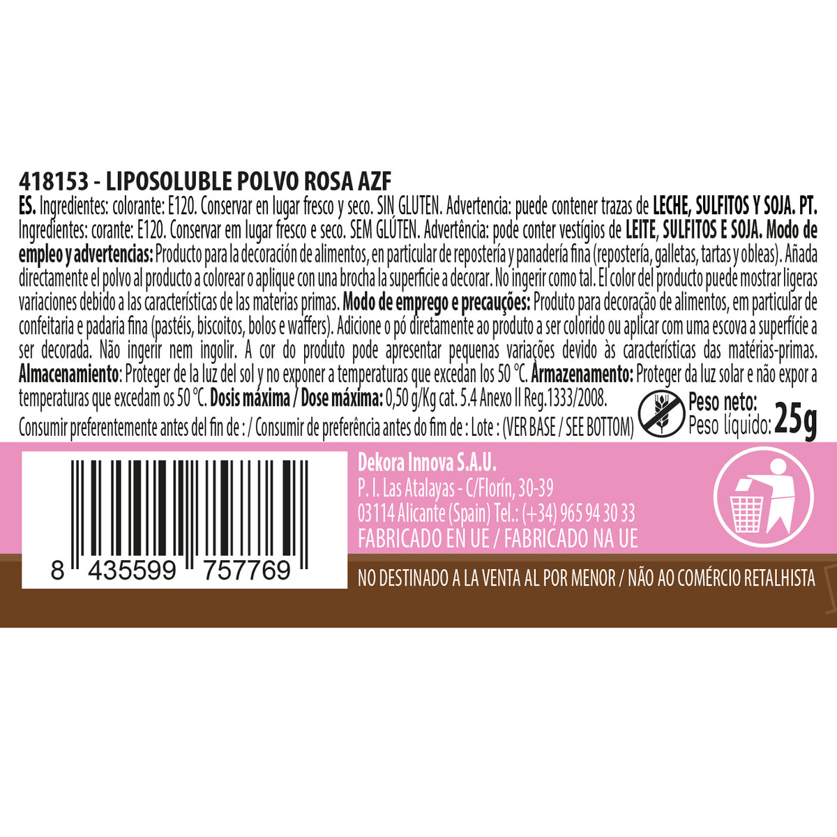 COLORANTE POLVO LIPOSOLUBLE ROSA 25G