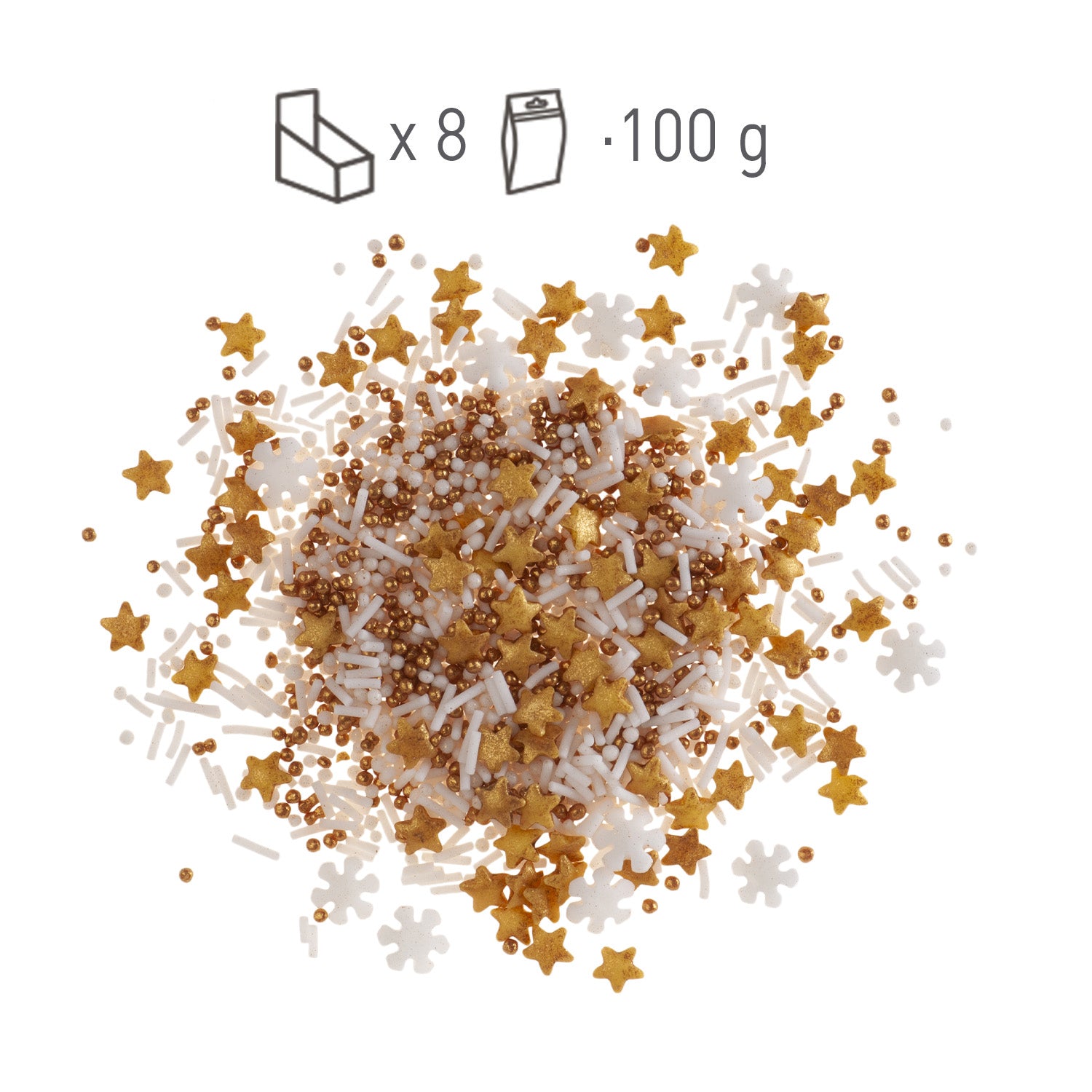 SPRINKLE MIX COPO DE NIEVE Y ESTRELLAS BLANCO Y DORADO 100GR