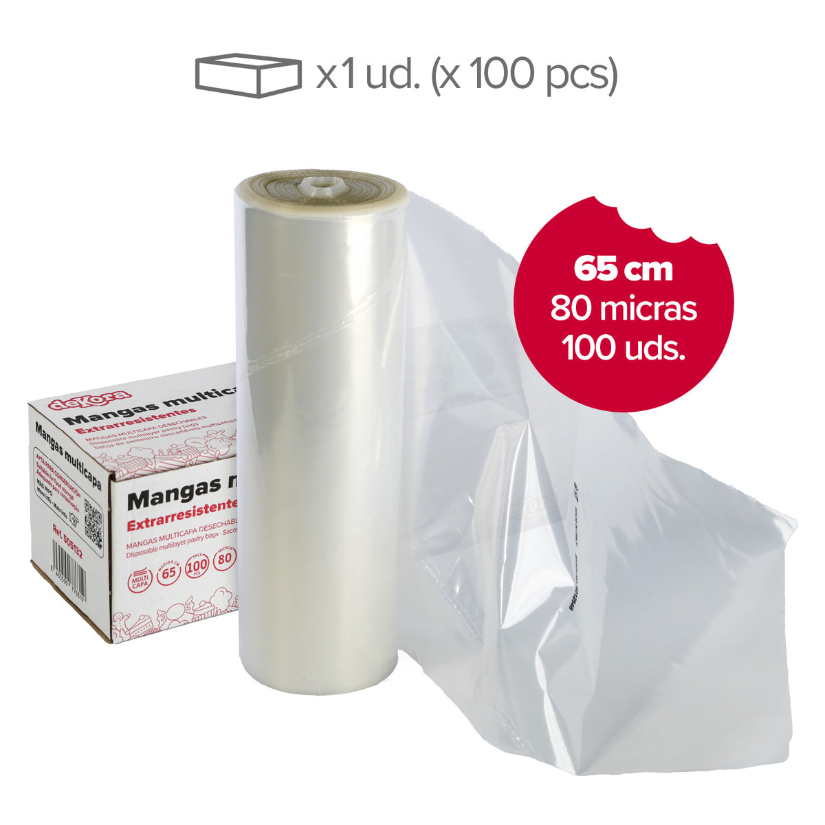 MANGA DESECHABLE TRANSP. MULTICAPA 65?CM 100 UDS-80 MICRAS