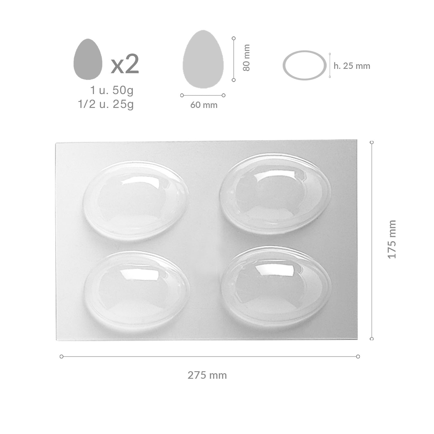 MOLDE PLASTICO TERMOFORMADO HUEVO 80X60H25MM | 4PZS